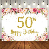 Aperturee - Pink Floral Glitter 50th Birthday Backdrop For Women