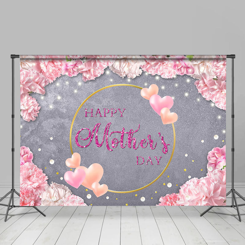 Aperturee - Pink Floral Grey Lights Heart Mothers Day Backdrop