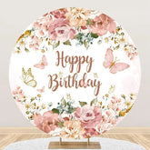 Aperturee - Pink Floral Leaf Butterfly Round Birthday Backdrop