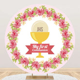 Aperturee - Pink Floral Leaf My First Communion Baptism Backdrop