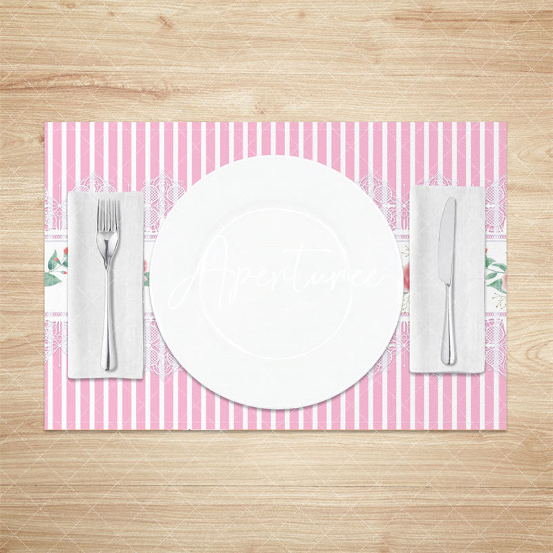 Aperturee - Pink Floral Leaves Repeat Stripe Set Of 4 Placemats