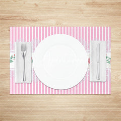 Aperturee - Pink Floral Leaves Repeat Stripe Set Of 4 Placemats