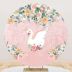 Aperturee - Pink Floral Leaves Swan Round Backdrop For Birthday