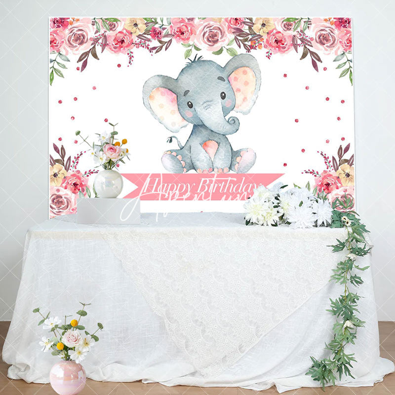 Aperturee - Pink Floral Lovely Elephant Happy Birthday Backdrop