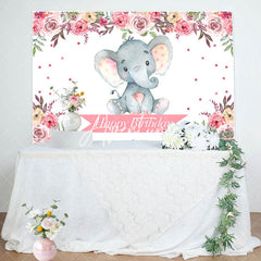 Aperturee - Pink Floral Lovely Elephant Happy Birthday Backdrop