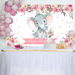 Aperturee - Pink Floral Lovely Elephant Happy Birthday Backdrop