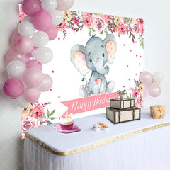 Aperturee - Pink Floral Lovely Elephant Happy Birthday Backdrop