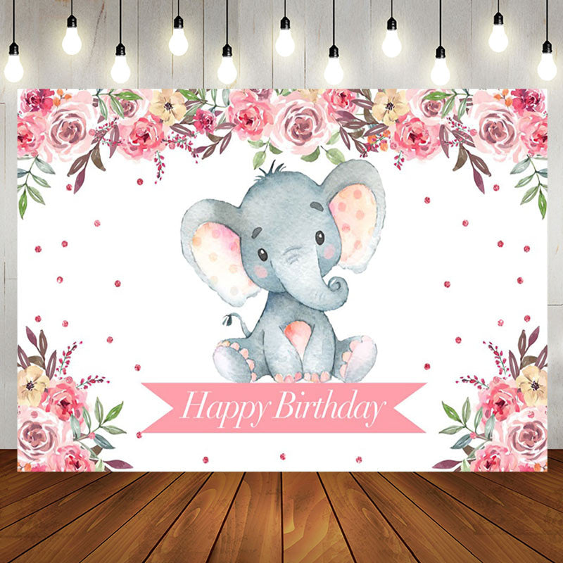Aperturee - Pink Floral Lovely Elephant Happy Birthday Backdrop