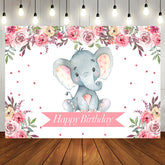 Aperturee - Pink Floral Lovely Elephant Happy Birthday Backdrop