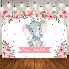 Aperturee - Pink Floral Lovely Elephant Happy Birthday Backdrop