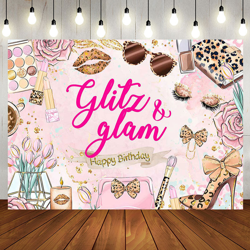 Aperturee - Pink Floral Make Up Lip Bow Knot Birthday Backdrop