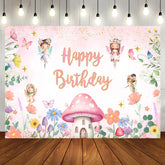 Aperturee - Pink Floral Mushroom Angel Happy Birthday Backdrop