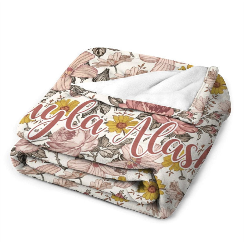 Lofaris Pink Floral Personalized Name Baby Blanket for Girl