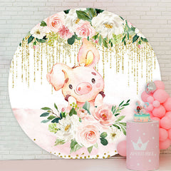 Aperturee - Pink Floral Pig Lovely Circle Birthday Backdrop