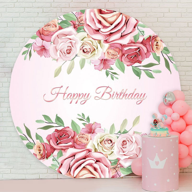 Aperturee - Pink Floral Round Happy Birthday Backdrop For Girl