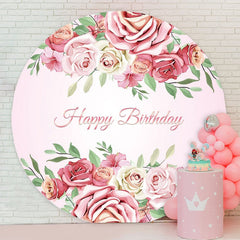 Aperturee - Pink Floral Round Happy Birthday Backdrop For Girl