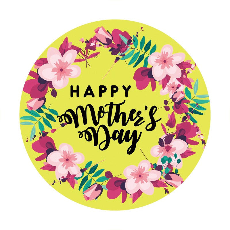 Aperturee - Pink Floral Round Yellow Happy Mothers Day Backdrop