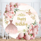 Aperturee - Pink Floral Sparkling Dress Round Birthday Backdrop