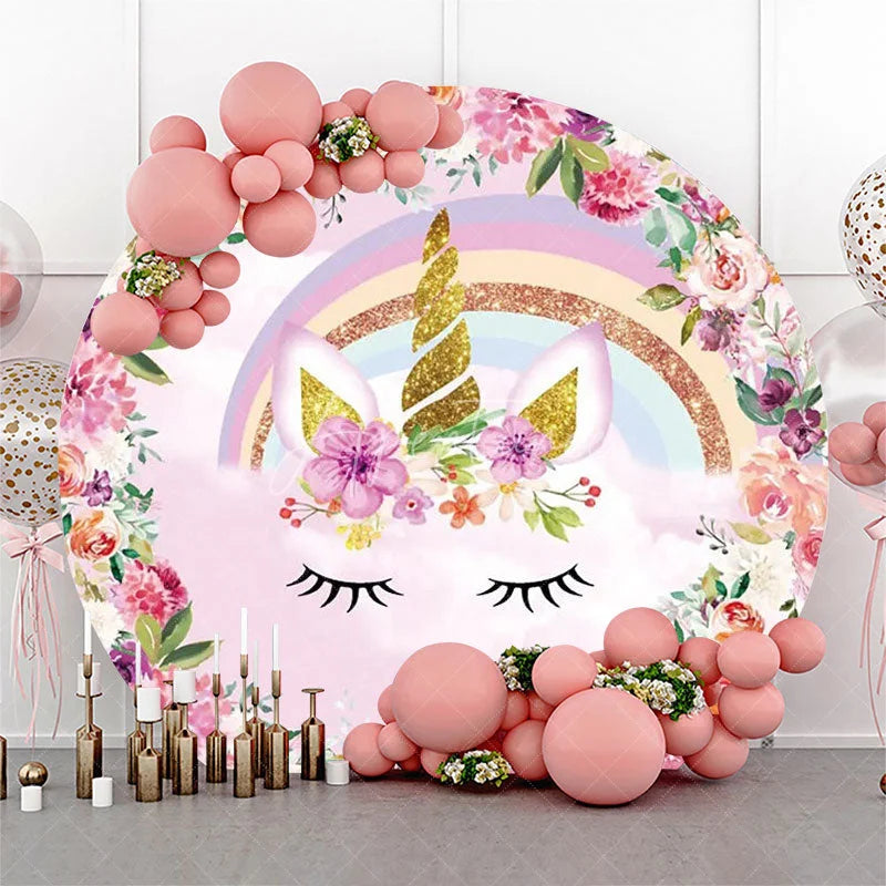 Aperturee - Pink Floral Unicorn Rainbow Round Birthday Backdrop
