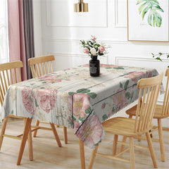 Aperturee - Pink Floral Wooden Texture Rectangle Tablecloth