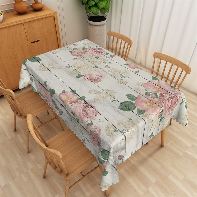 Aperturee - Pink Floral Wooden Texture Rectangle Tablecloth