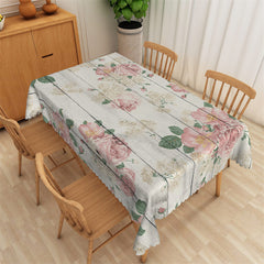 Aperturee - Pink Floral Wooden Texture Rectangle Tablecloth