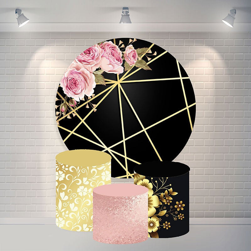 Aperturee Pink Flower Gold Black Happy Birthday Circle Backdrop