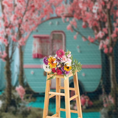 Aperturee - Pink Flower Trees Blue RV Spring Photo Backdrop