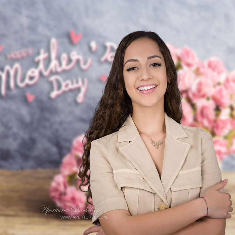 Aperturee - Pink Flowers Wooden Desk Mothers Day Backdrop For Photo
