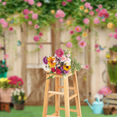 Aperturee - Pink Flowers Wooden Door And Window Backdrop For Photo