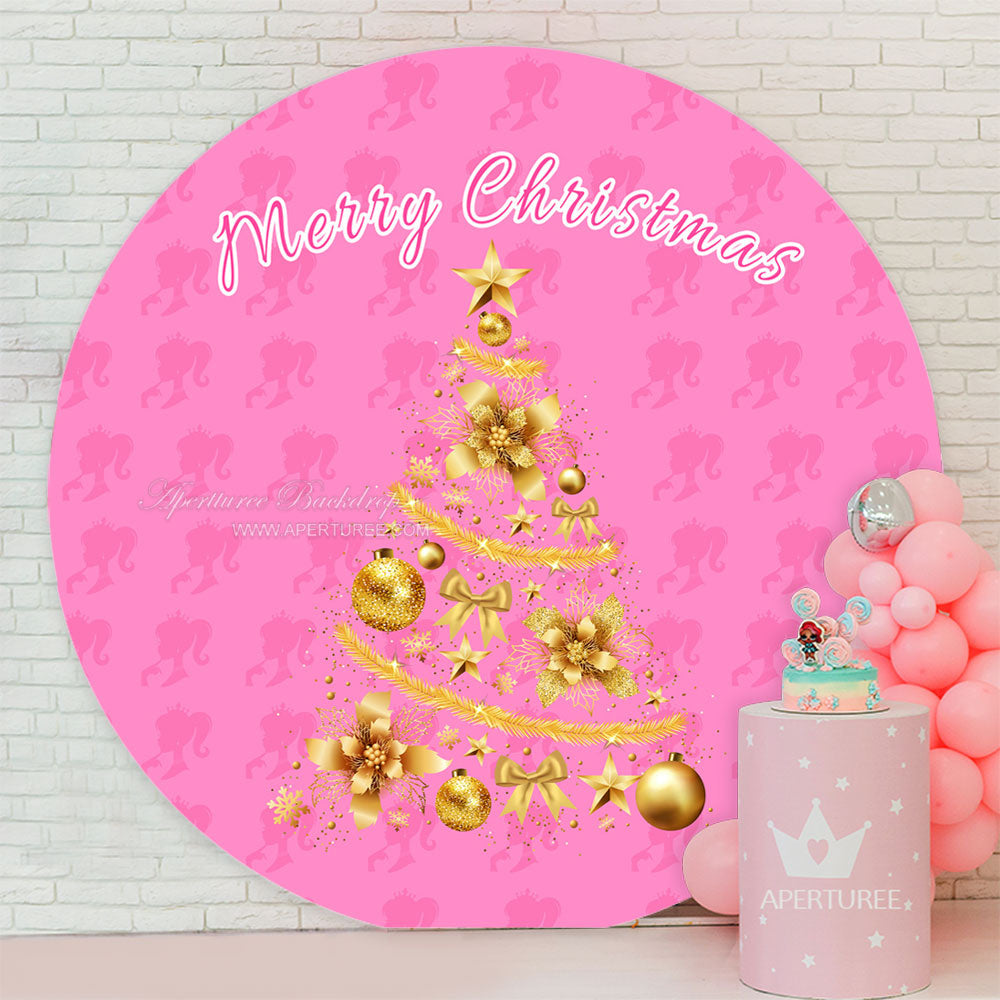 Aperturee - Pink Girl Golden Tree Circle Christmas Backdrop