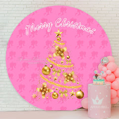 Aperturee - Pink Girl Golden Tree Circle Christmas Backdrop