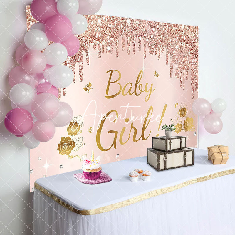 Aperturee - Pink Glitter Baby Girl Party Backdrop for Baby Shower