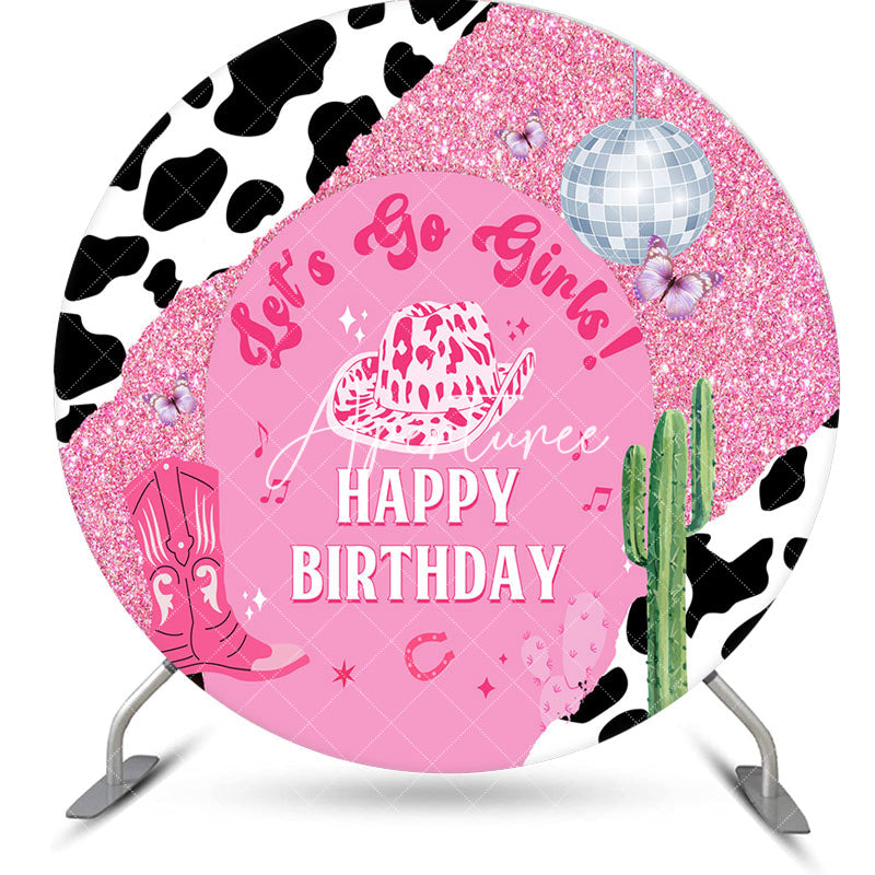 Aperturee - Pink Glitter Cactus Cowgirl Round Birthday Backdrop