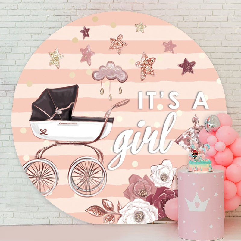 Aperturee - Pink Glitter Floral And Cart Round Baby Shower Backdrop