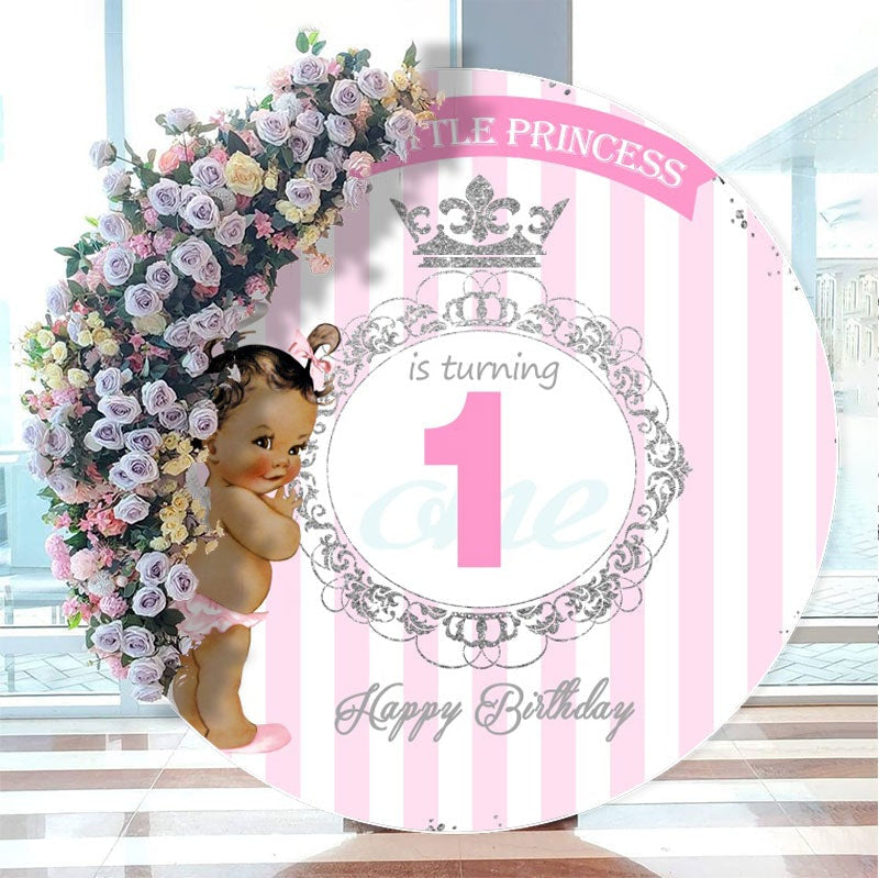 Aperturee - Pink Glitter Princess Round Happy 1St Birthday Backdrop