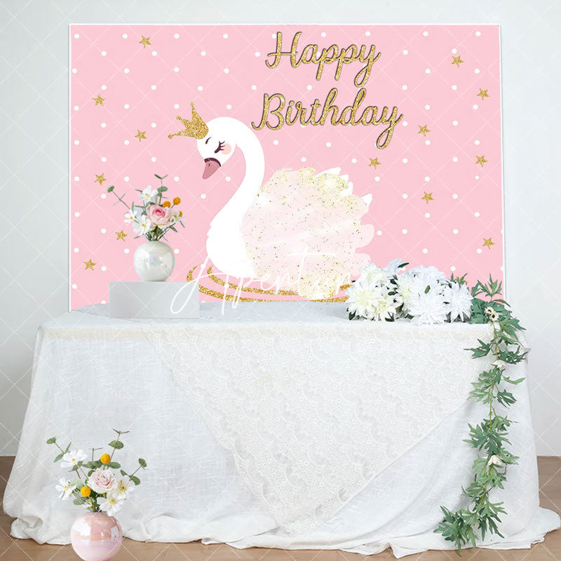 Aperturee - Pink Gold Star Swan Happy Birthday Backdrop For Girl