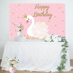 Aperturee - Pink Gold Star Swan Happy Birthday Backdrop For Girl