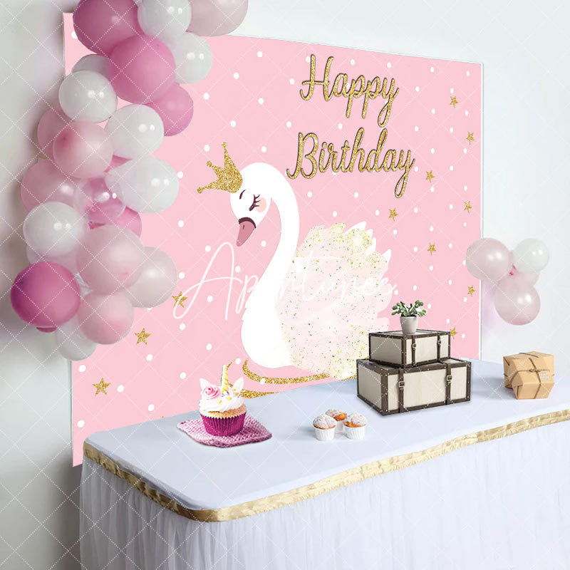 Aperturee - Pink Gold Star Swan Happy Birthday Backdrop For Girl