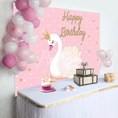 Aperturee - Pink Gold Star Swan Happy Birthday Backdrop For Girl