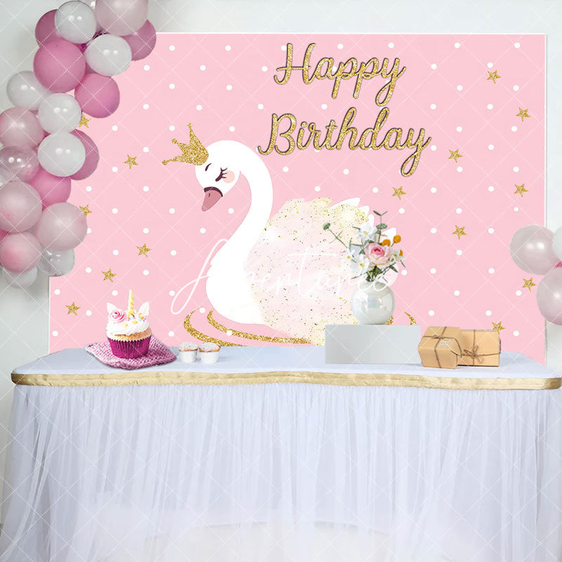 Aperturee - Pink Gold Star Swan Happy Birthday Backdrop For Girl
