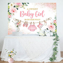 Aperturee - Pink Golden Floral Baby Shower Backdrop For Girls