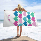 Aperturee - Pink Green Blue Heart Personalized Name Beach Towel