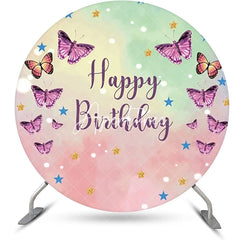Aperturee - Pink Green Purple Butterfly Round Birthday Backdrop