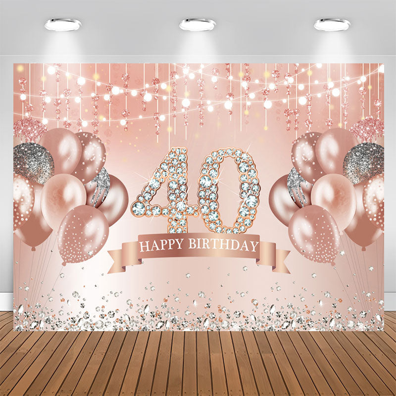 Aperturee - Pink Happy 40th Birthday Sparkle Balloon Diamonds Backdrop for Women