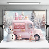 Aperturee - Pink Ice Cream Car Snowman Forest Christmas Backdrop