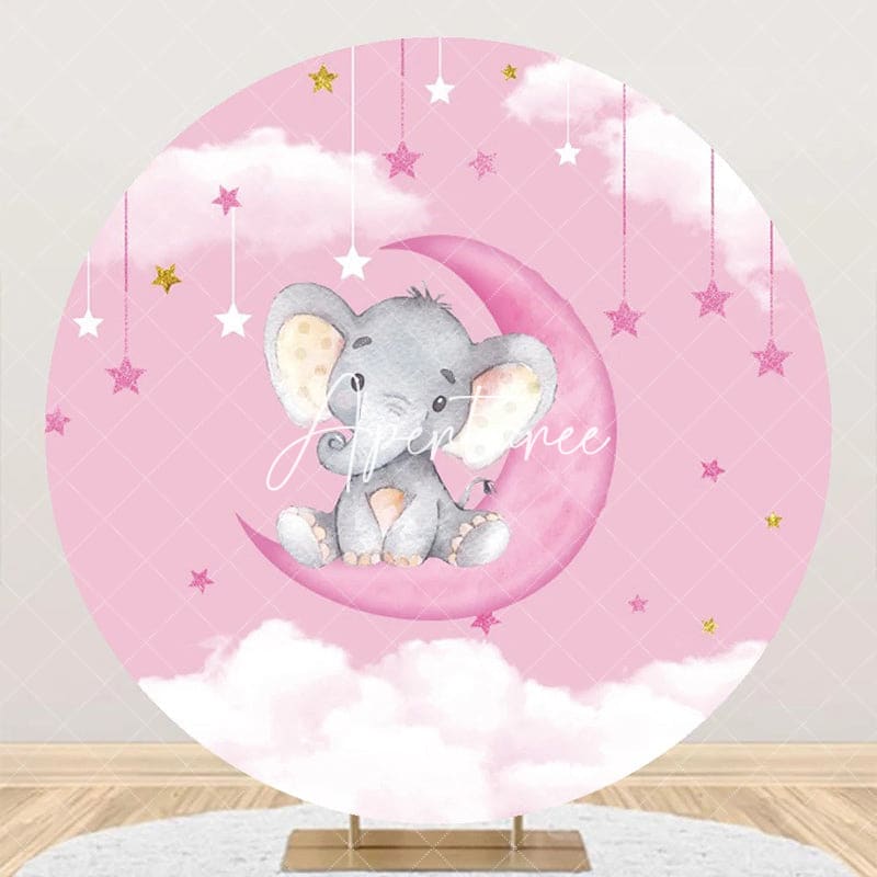 Aperturee - Pink Moon Elephant Star Round Baby Shower Backdrop