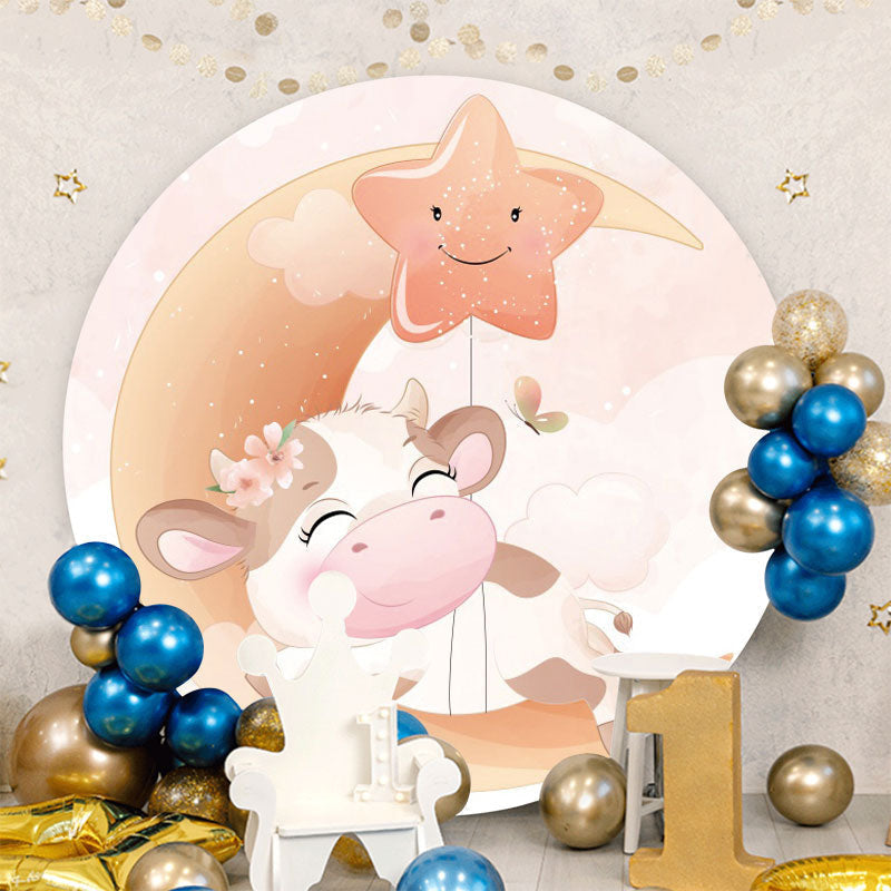 Aperturee - Pink Moon Star And Cow Round Baby Shower Backdrop