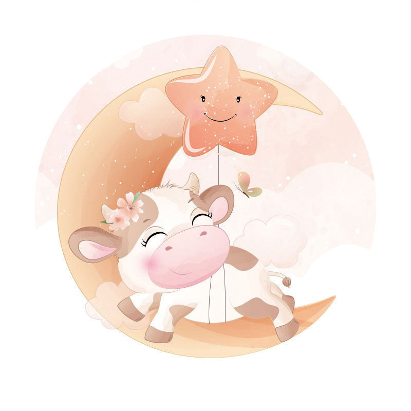 Aperturee - Pink Moon Star And Cow Round Baby Shower Backdrop