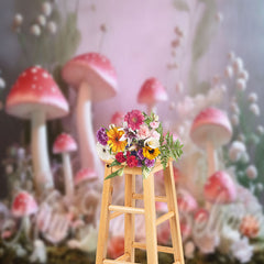 Aperturee - Pink Mushroom White Floral Misty Wonderland Backdrop
